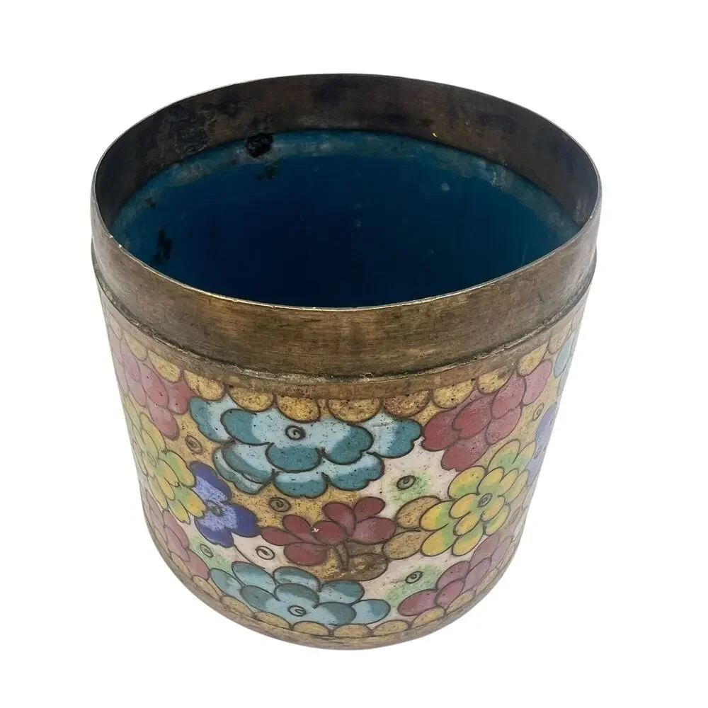 Pair of Antique Cloissone Enamel on Brass Floral Jars No Lids 19th Century